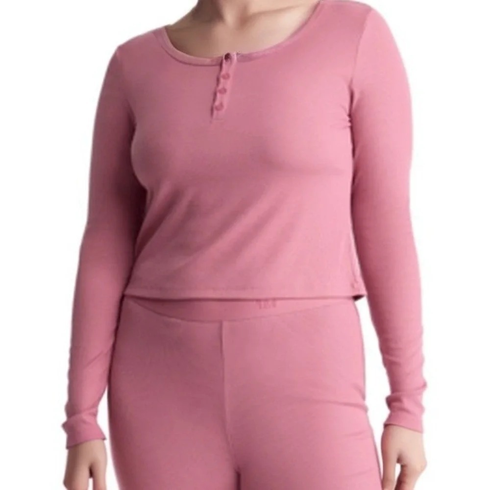 GAP Body Womens Large Long Sleeve Ribbed Henley Pajama Top Heather Rose $45 1773